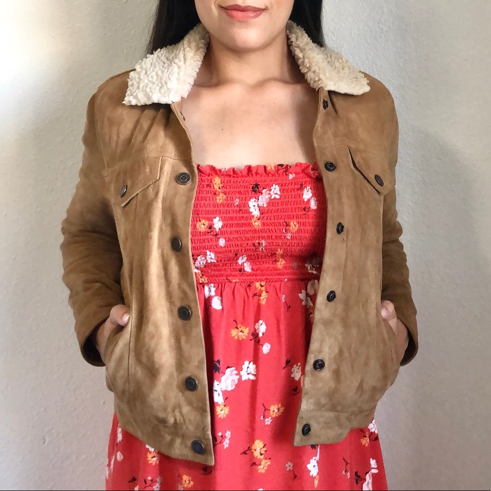 Lucky Brand Genuine Goat Suede Leather Sherpa Lined Trucker Jacket